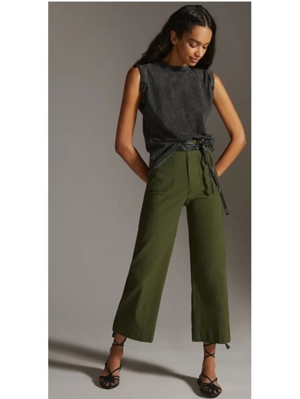 Maeve Colette Wide Leg Cropped Linen Blend Stretch Pants olive green 27